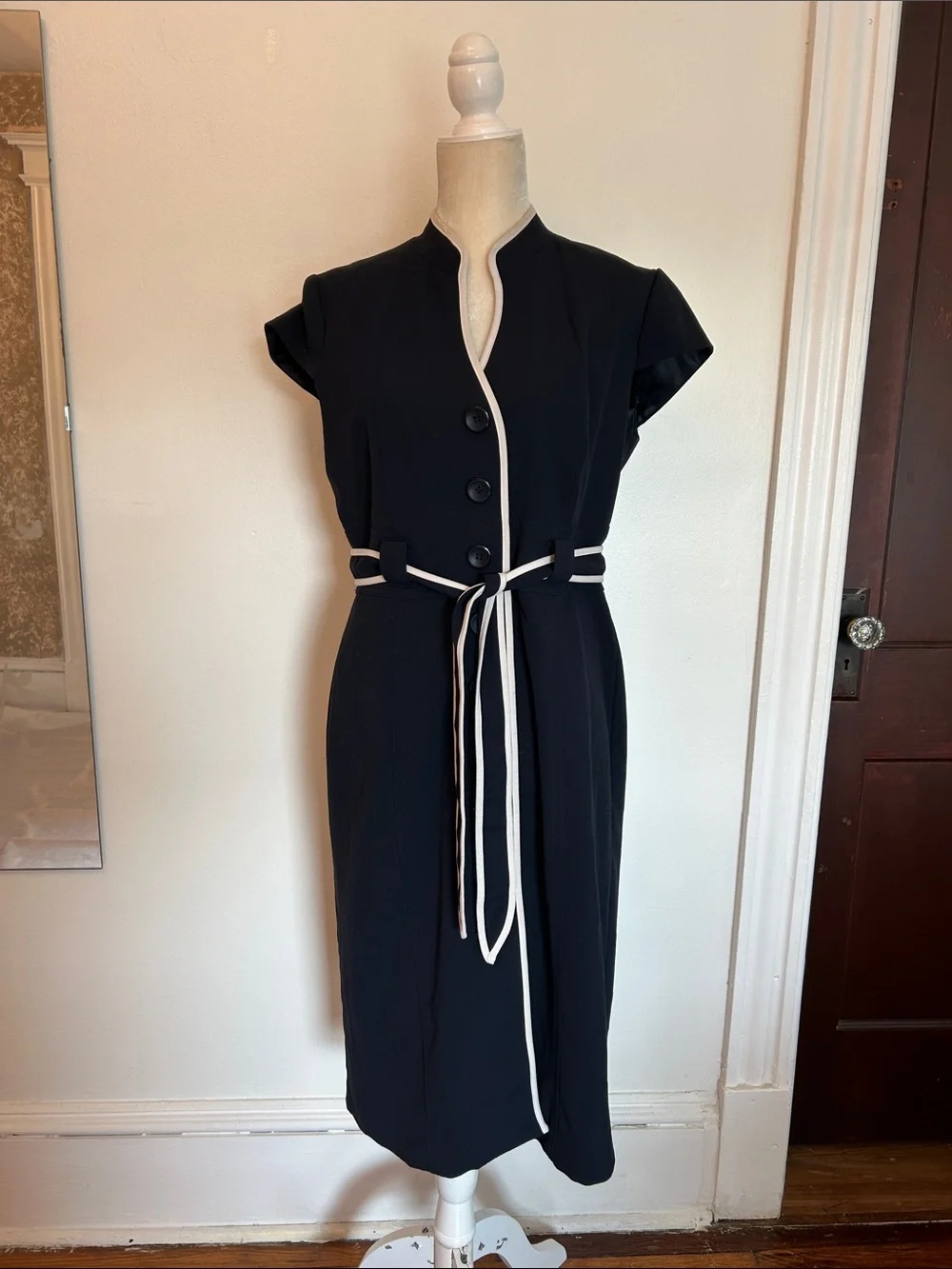 Sold Sandra Darren Black Midi Dress with White Trim and Belt